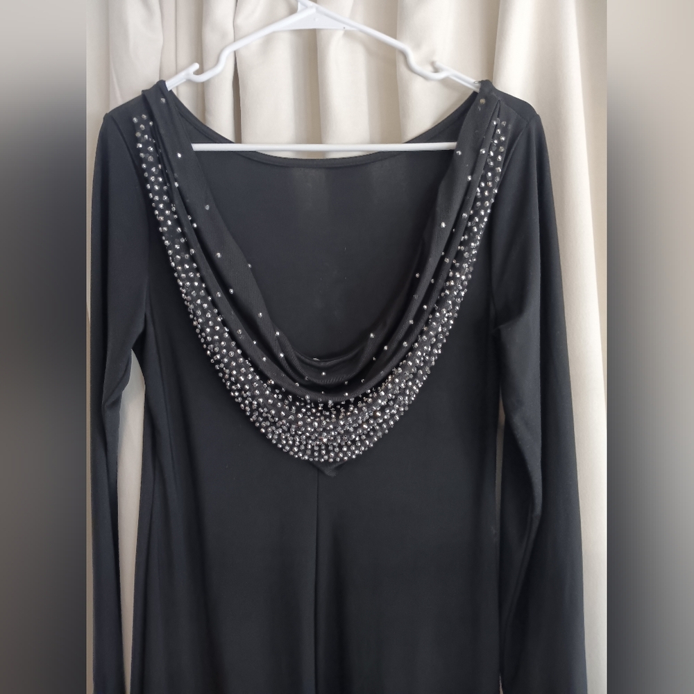 Marina Size 6 Black Cowl Back Beaded Evening Gown Long Sleeve Formal Dress